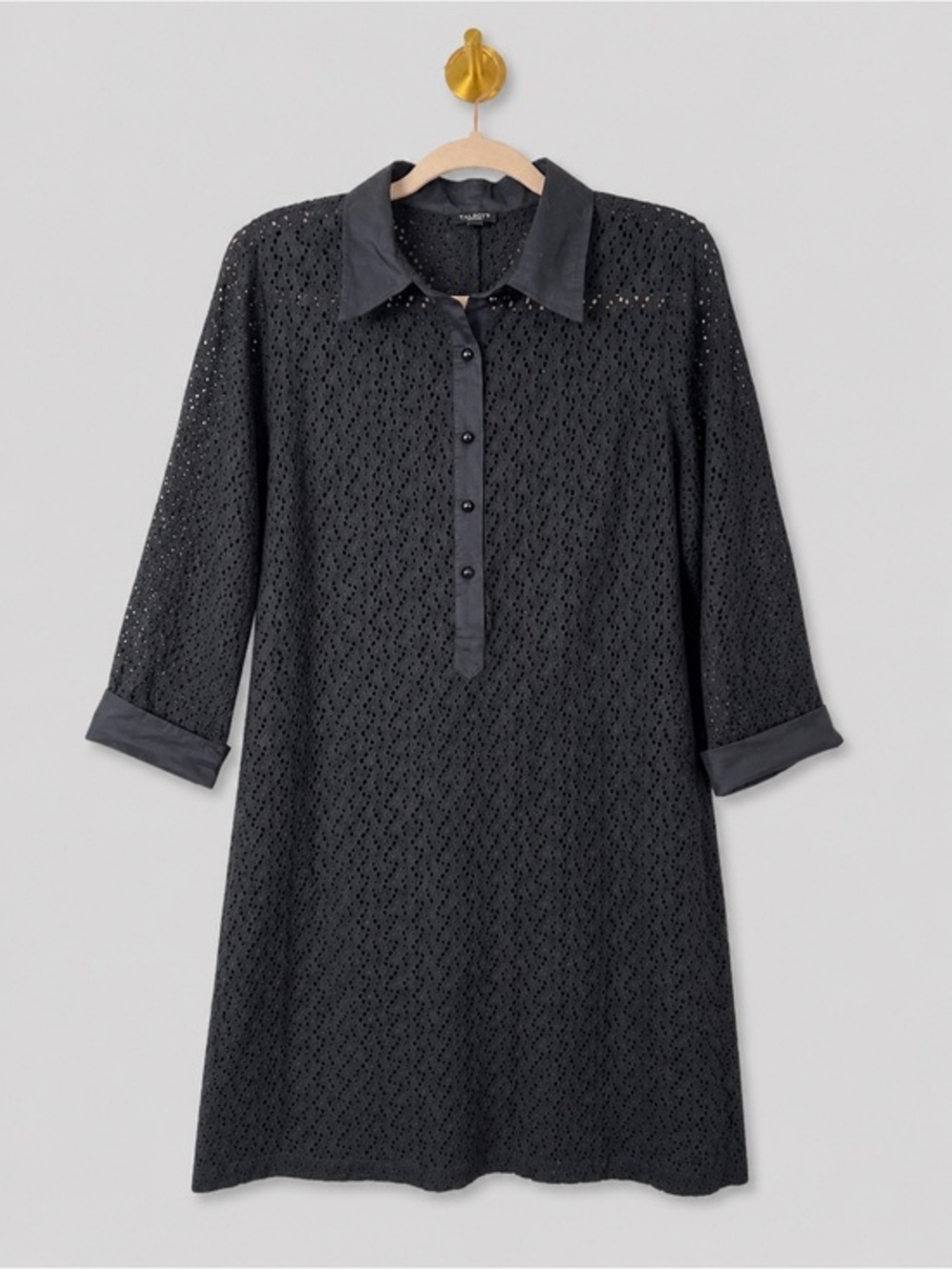 Talbots Black Eyelet Shirt Dress Collared Button Front Shift Dress in black
